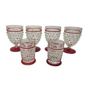 Set of 6 Vintage Hobnail Glassware With Ruby Red Accents